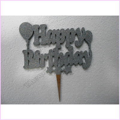 CakeTopper Glitter14cm H/Birthday Silver