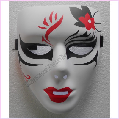 Full Face Plastic Mask White Red Flower